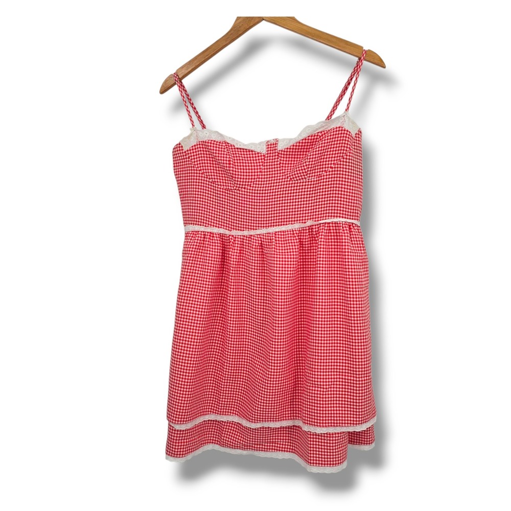 Cider Gingham Mini Dress Cottagecore Lace Trim Babydoll Dress Red Size M